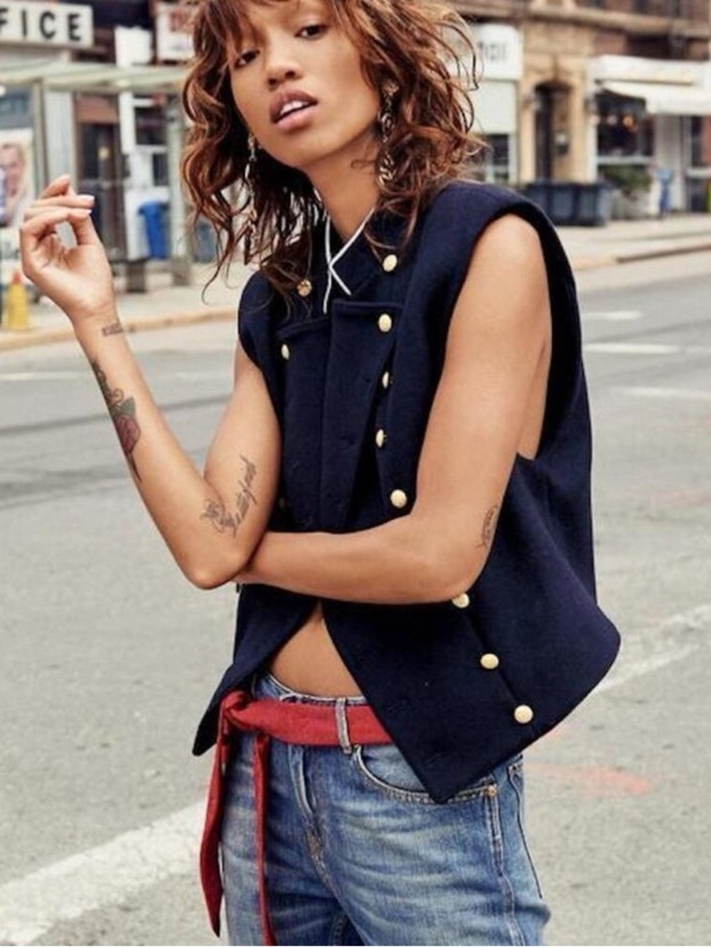 Free People Navy Military-Inspired Sleeveless Vest with Gold Buttons